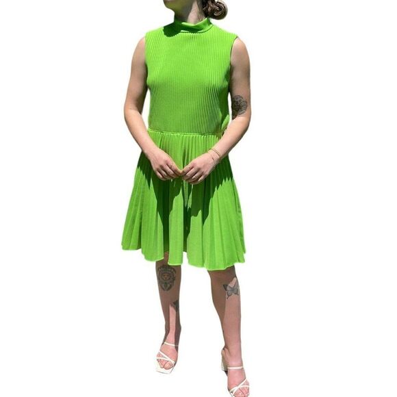 Vintage 1960s Womens Burt Stanley Lime Green Pleated Retro Mid Mod Mini Dress - Picture 11 of 13
